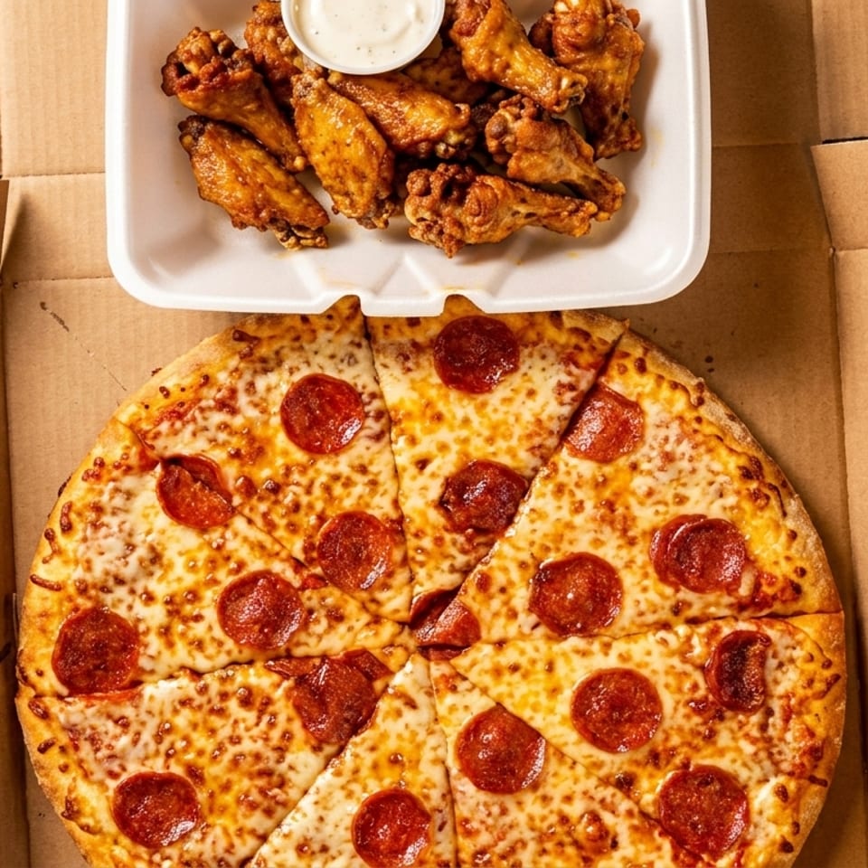 Pepperoni pizza in a cardboard box next to a container of chicken wings and dipping sauce.