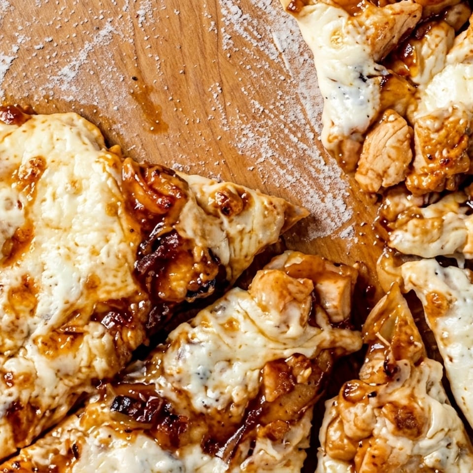 Close-up of a BBQ chicken pizza with melted cheese and sauce on a wooden board.