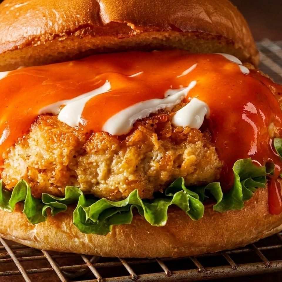 Crispy chicken sandwich with buffalo sauce, ranch, and lettuce on a bun, on a wire rack.