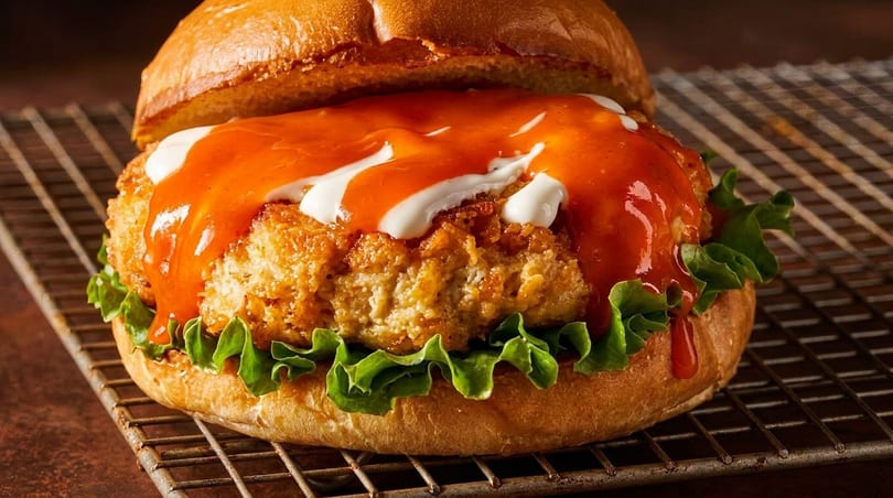 Crispy chicken sandwich with buffalo sauce, ranch, and lettuce on a bun, on a wire rack.