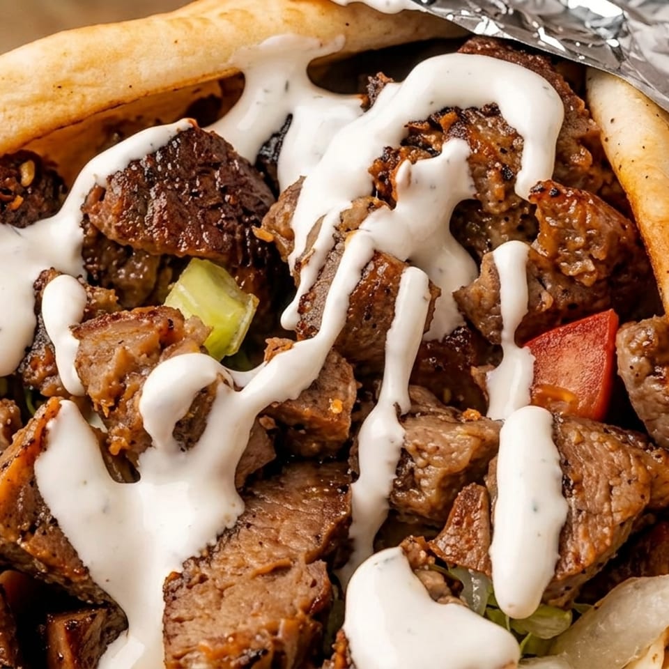 Close-up of a gyro with grilled meat, fresh vegetables, and white sauce, partially wrapped in foil.