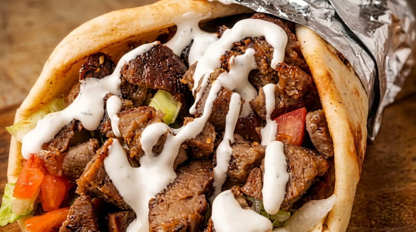 Close-up of a gyro with grilled meat, fresh vegetables, and white sauce, partially wrapped in foil.