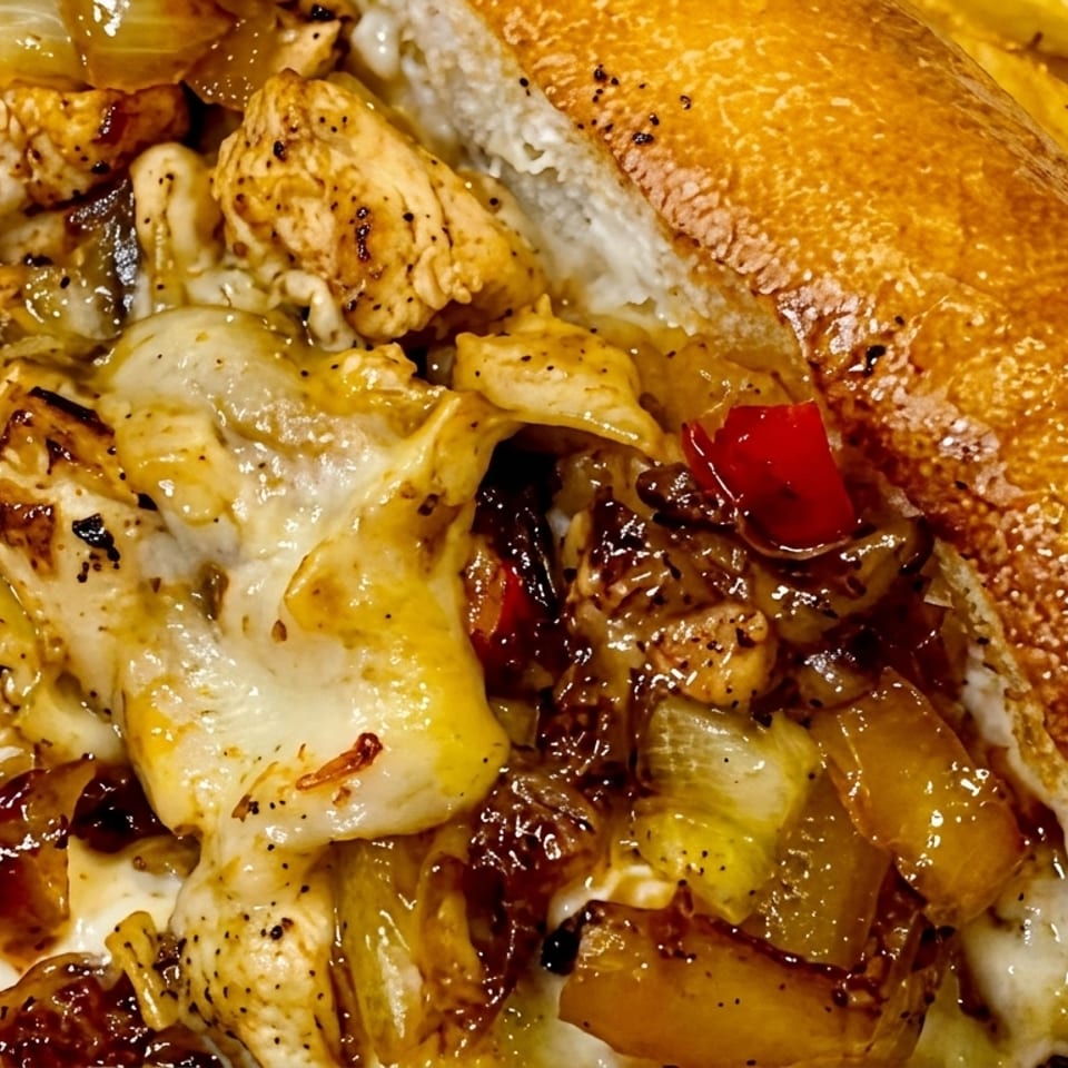 Close-up of a chicken cheesesteak sandwich with melted cheese, onions, and red peppers, served with fries.