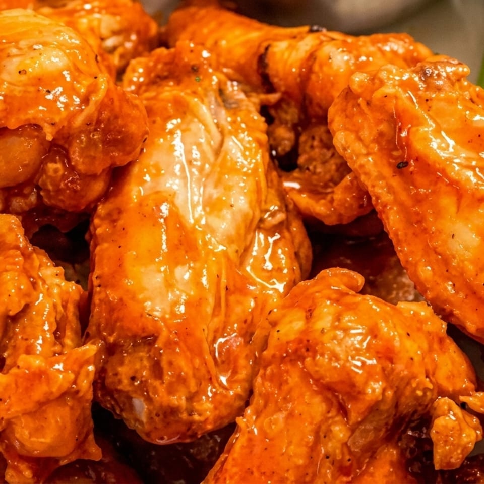 Close-up of buffalo chicken wings coated in orange sauce, with celery sticks in the background.