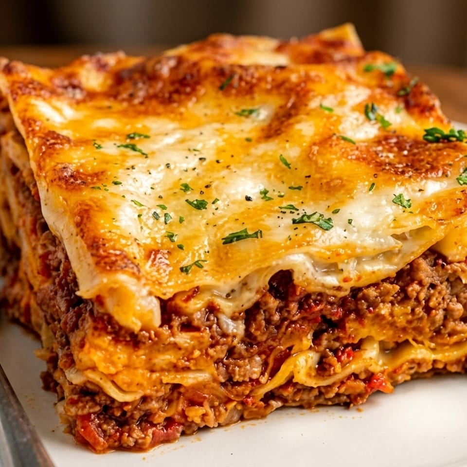 A delicious slice of lasagna with melted cheese and meat sauce on a white plate with a fork.