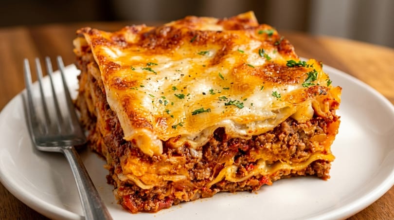 A delicious slice of lasagna with melted cheese and meat sauce on a white plate with a fork.