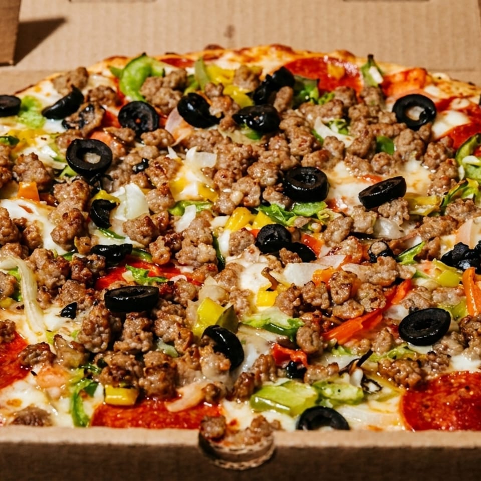 A whole pizza with pepperoni, sausage, olives, and vegetables in a cardboard box.
